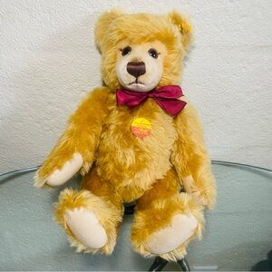 Vintage Steiff Golden Musical Plush Teddy Bear with Burgundy Bow